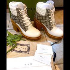 Authentic Gucci Womens Gg Ankle Boot. Brand New Never Worn With Box, Dust Bag, Care Cards. Size 39 -Beige & Ebony Gg Supreme Canvas -White Leather -Quilted Detail -Rubber Lug Sole -Lace Up Closure Luxury High-top Boots With Branded Heel Counter, Gucci Luxury Round Toe Boots, Gucci Luxury Boots With Round Toe, Gucci Luxury Ankle Boots, Gucci Designer Ankle Boots, Luxury Gucci Boots With Round Toe, Designer Gucci Ankle Boots, Gucci Luxury Boots, Designer Beige Calf Leather Boots