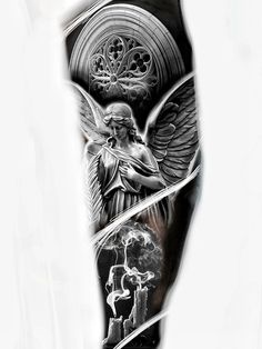 Arch Angel Tattoo Design, Angel Sleeve Tattoo Mens, Angel Tattoo Realistic, Greek Angel Tattoo, Realistic Tattoo Design Ideas, Realistic Angel Tattoo, Realism Tattoo Ideas For Men, Angel Statue Tattoo, Car Tattoo Ideas