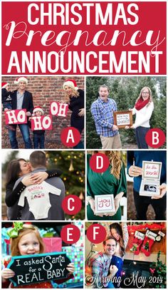 christmas card with pictures of people holding up signs and the words,'christmas pregnancy announcement '