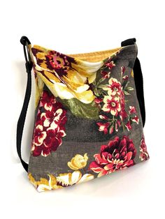 PLEASE READ FULL DESCRIPTION  MADE TO ORDER WASHABLE SLOUCHY FLORAL LINEN CROSSBODY BAG MADE IN OREGON USA This washable linen crossbody purse can be folded and packed for vacation or use it for everyday.   This bag is perfect for day trips to the coast or a farmers market. -Magnetic snap closure  -Wall to wall divided pockets inside for the small stuff -Adjustable cotton strap so you're hands free   ...AND YOU CAN WASH IT.  Machine wash in cold water, reshape and hang dry for best results. 1 1/ Upholstery Fabric Bags, Fabric Purses Handmade, Printed Fabric Bags, Floral Handbags, Large Crossbody Bags, Fabric Purses, Small Stuff, Floral Print Fabric, Oregon Usa