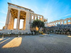 an ancient building with columns and trees in the foreground