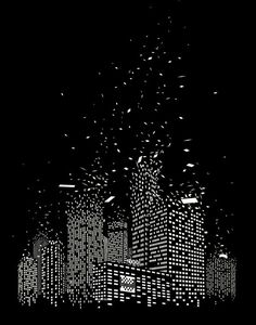 a black and white photo of a city at night with lots of stars in the sky