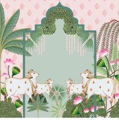 two cows are standing in the middle of some plants and flowers on a pink background