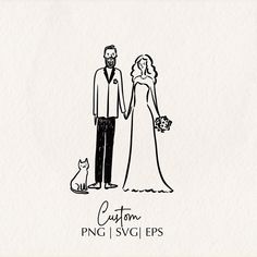 a drawing of a bride and groom holding hands with a cat sitting on the ground