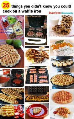 some waffles and other food items are shown in this collage with the words 25 things you didn't know you could cook on a waffle iron