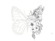 a drawing of a butterfly and flowers