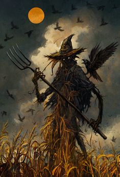 a painting of a scarecrow holding a pitchfork in a cornfield with crows flying overhead