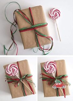 the wrapping paper is wrapped in twine and tied up with candy canes