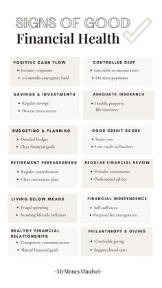 a table with the words signs of good financial health written in black and white on it