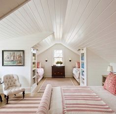 a bedroom with two beds and a desk in the corner, along with other furniture