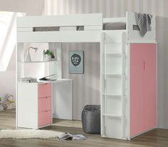 a pink and white loft bed with stairs