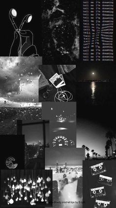 black and white collage with multiple images in the middle, including an image of a city at night