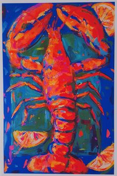 a painting of a lobster on a blue background