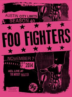 the poster for foo fighters is shown in black and pink colors with stars on it