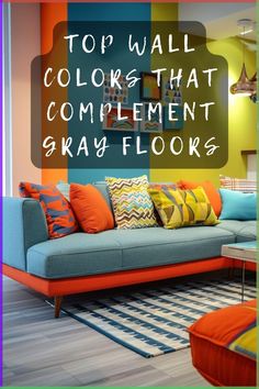 the top wall colors that complement gray floors in this living room are bright orange and blue