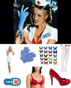 the woman is dressed up as nurse with her hands in the air and butterflies around her