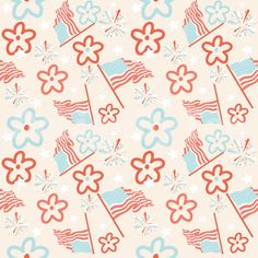 an american flag and flowers pattern on a beige background with red white and blue stars