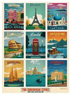 the european cities are depicted in this retro style travel poster printables from around the world