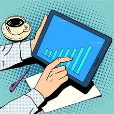 a person holding a tablet with a bar chart on the screen and a cup of coffee next to it