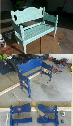 two pictures of the same bench being made with different colors and materials, one is blue and the other is white