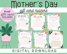 the mother's day gift card holder is shown in pink, green and white