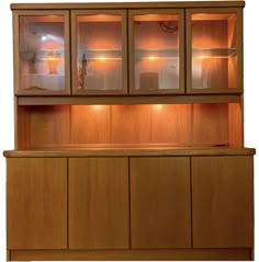 a wooden cabinet with glass doors and lights