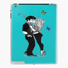 a man and woman kissing with butterflies in the background ipad case / skin decal