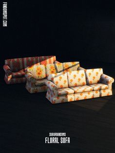 two couches and a chair are sitting on the floor in front of a black background