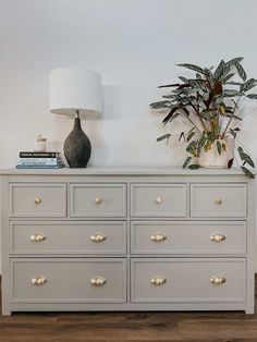 a white dresser with many drawers and a lamp on top of it next to a potted plant