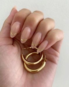 light pink almond shaped nails with simple one line gold detailing Manicure, Ring, Nails, Gold, Instagram