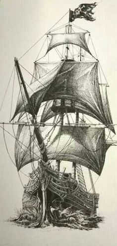 a drawing of a pirate ship in the water with an american flag on it's mast