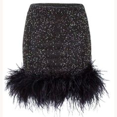 Mini Skirt With Feathers Made Of Open Knit Fabric With Rhinestone Embellishments Throughout. Lined Color: Black Skirt With Feathers, Santa Brands, Feather Mini Skirt, Feather Crop Top, Feather Skirt, Turkey Feathers, Feather Trim, Rhinestone Embellishments, Ostrich Feathers