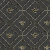 a black and gold wallpaper pattern with bees on it's backgrund