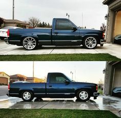 two pictures of a black truck parked in front of a garage