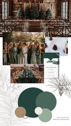 Winter wedding moodboards for inspiration when planning a wedding. There are three different options. The first being a Wintergreen Wedding, second being a Winter Wonderland, and the third being a Woodsy Rust theme. Dark Green Christmas Wedding Theme, Forest Green Winter Wedding Theme, Snow Wedding Color Palette, Wedding December Colors, Hunter Green Wedding Palette, Dark Green Winter Wedding Theme, Wedding Party Colors Winter, Evergreen Theme Wedding, Winter Mountain Wedding Colors