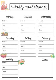 the weekly meal planner is shown in black and white