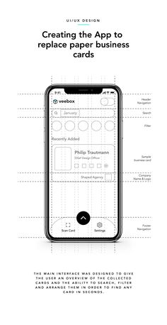 an iphone with the text creating the app to replace paper business cards