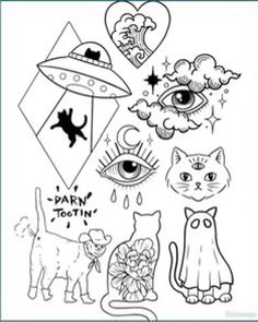 a coloring page with cats and other things to color on the page, including an eyeball