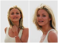 two pictures of a woman with blonde hair and wearing a white tank top, one has her hand on her chest