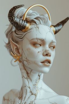 a woman with horns on her head wearing gold hoop earrings and white marbled skin