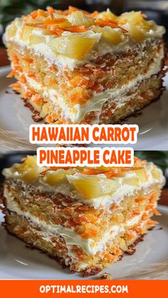 two pictures of a piece of hawaiian carrot pineapple cake with the title above it