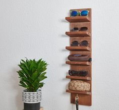 a wooden shelf with sunglasses on it next to a potted plant