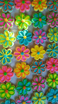 colorful decorated cookies are arranged in the shape of flowers