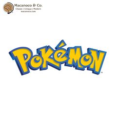 the pokemon logo is shown in yellow and blue letters on a white background, as if it's for pikachu