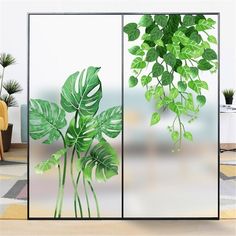 two green plants are in front of a glass wall with the same image on it