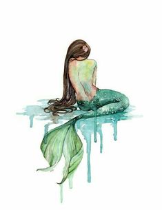 a watercolor painting of a mermaid with long hair sitting on top of the ocean