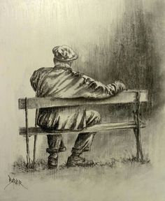 a drawing of a man sitting on a bench with his foot up to the ground