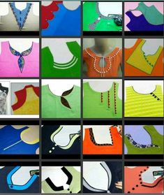 many different types of clothing are shown in this collage, including shirts and necklaces