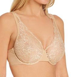 Luxurious Leavers lace with floral motifs gives this bra a sultry, stunning look with a sensual glimpse of skin. Made from nylon and elastane. See-through, lace underwire cups are unlined (unpadded) with a vertical dart for shape. Tulle side support panel centers and shapes the breast. Plunge neckline has a scalloped lace edge that extends up to the shoulder, and has transparent elastic along the edge for containment. Center - wide, triangle panel offers separation and space. Bandless front give Underwire Bra With Lace Bodice, Elegant Underwire Bra With Lace Bodice, Elegant Bra With Lace Bodice, Beige Lace Bra With Lace Closure, Lace Bodice Bra For Weddings, Feminine Lace Wedding Bra, Full Coverage Lace Wedding Bra, Elegant Full Coverage Beige Bra, Elegant Fitted Lace With Removable Bra Pads