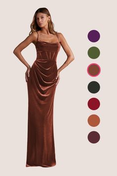 Mai is our fashionable and feminine sheath velvet dress. Her corseted bodice features a flattering pleated cowl neckline, adjustable spaghetti straps, and a beautiful bow tie back. She also has pleats along her skirt with a side leg slit so you can dance the night away in style. Terracotta Bridesmaid Dress, Terracotta Bridesmaid, Velvet Bridesmaid, Velvet Bridesmaid Dresses, Cowl Neckline, Velvet Dress, Tie Backs, Tie Back, Bridesmaid Dress